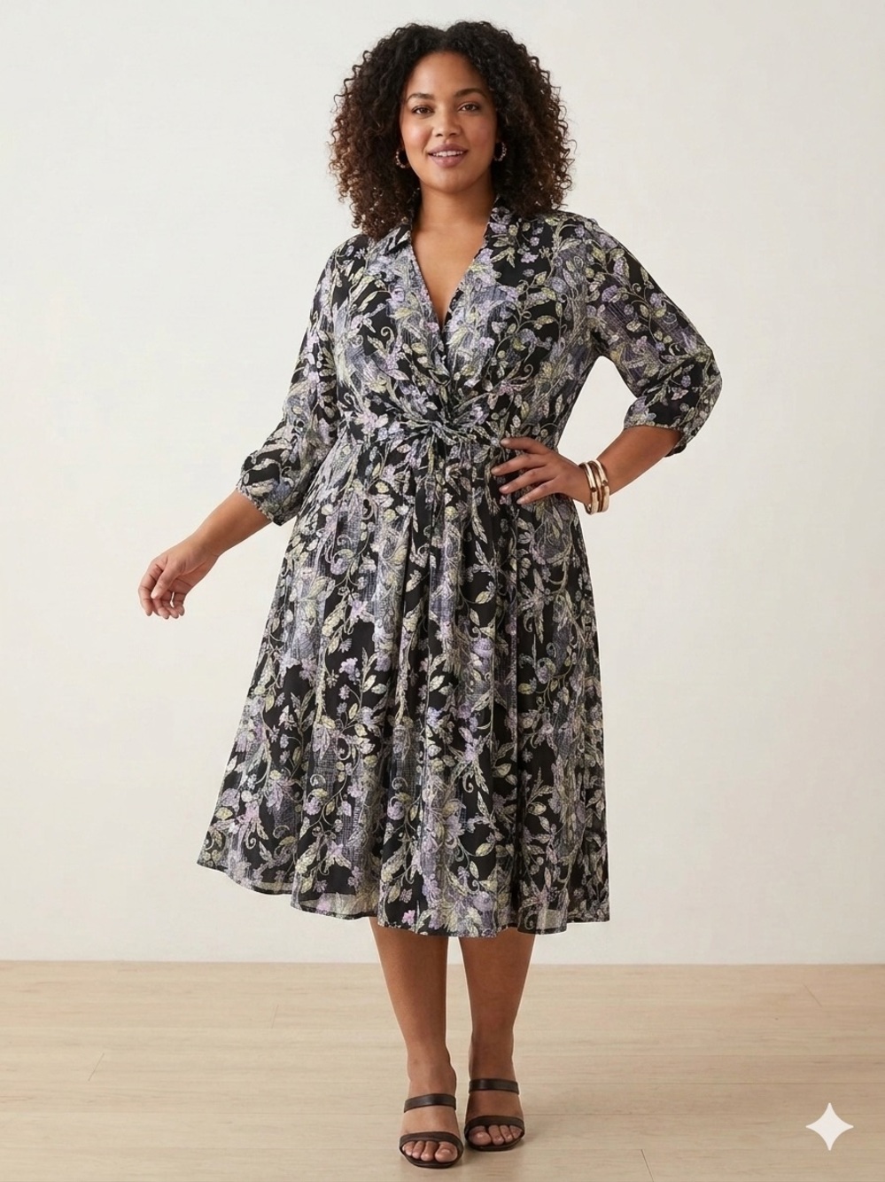 Torrid Floral Wrap Midi Dress - Black with Lavender & Green